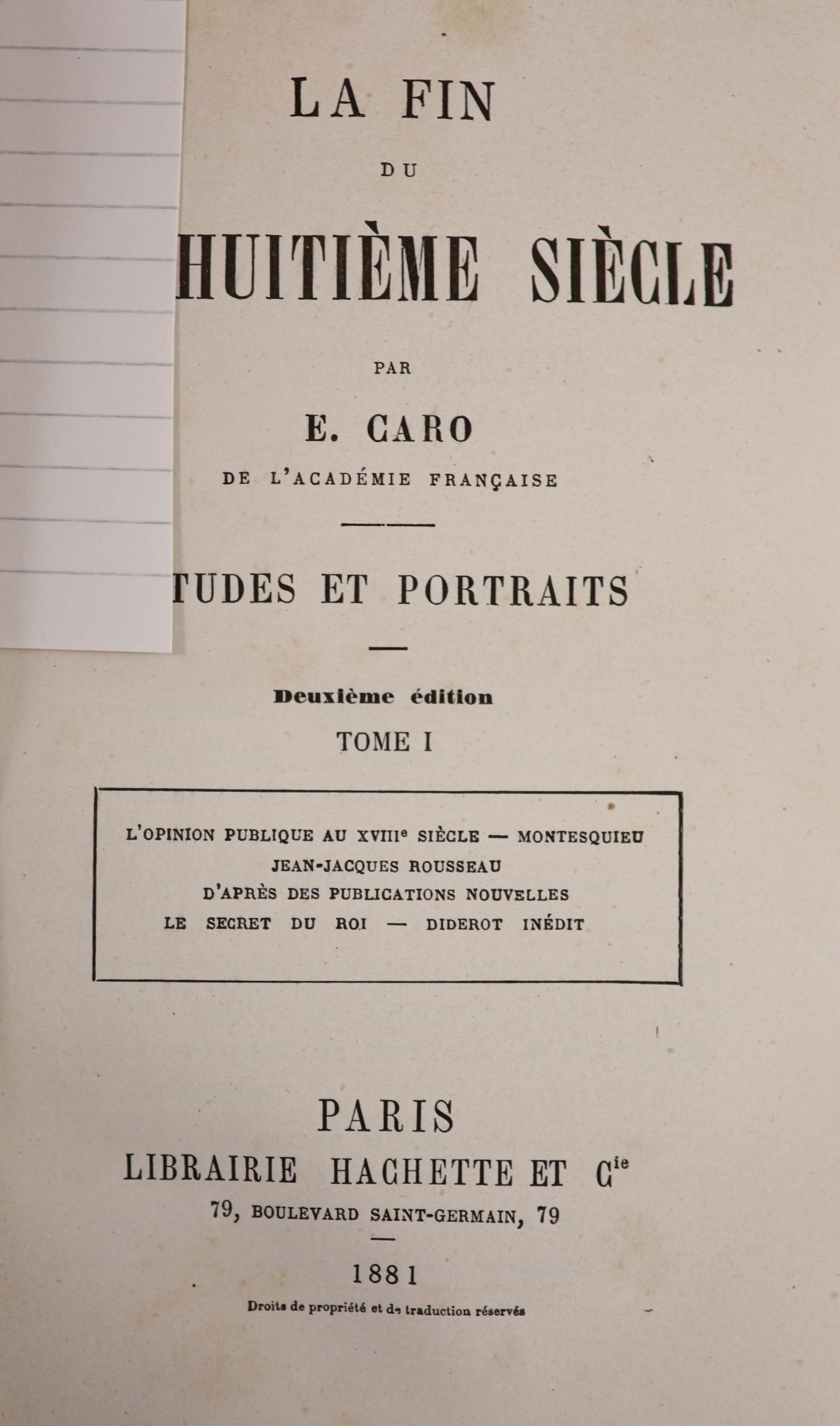 Caro, E. - La Philosophie De Goethe. 2nd edition. Half morocco and marbled paper, Panelled spine with letters direct, marbled edges. Libraire Hachette, Paris, 1880, minor rubbing